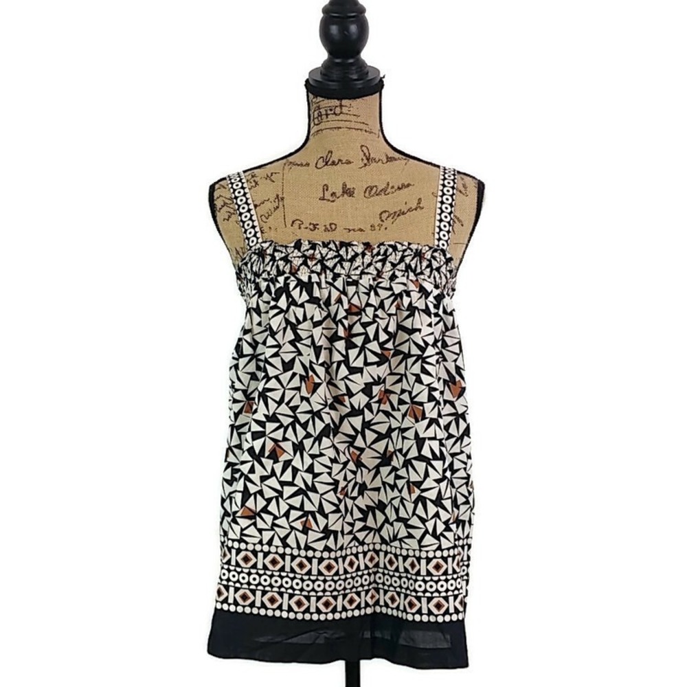 Calvin Klein Tank Top Womens Small Black White Geometric Smocked Babydoll Blouse